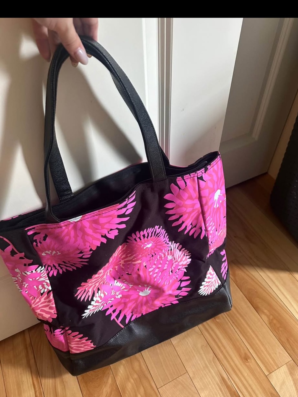 Avon Black Tote Bag with Bright Pink Floral Print
